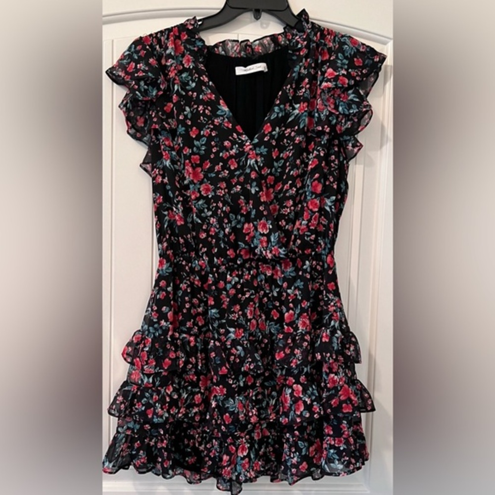 Mustard Seed Mini Dress Sz Medium Black Tiered Ruffled V-Neck with Ruffles lined